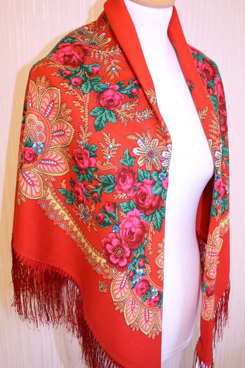 Original Pavlovo Posad Russian Shawl 100% Wool Woolen Scarf 110x110 1699-5 Red