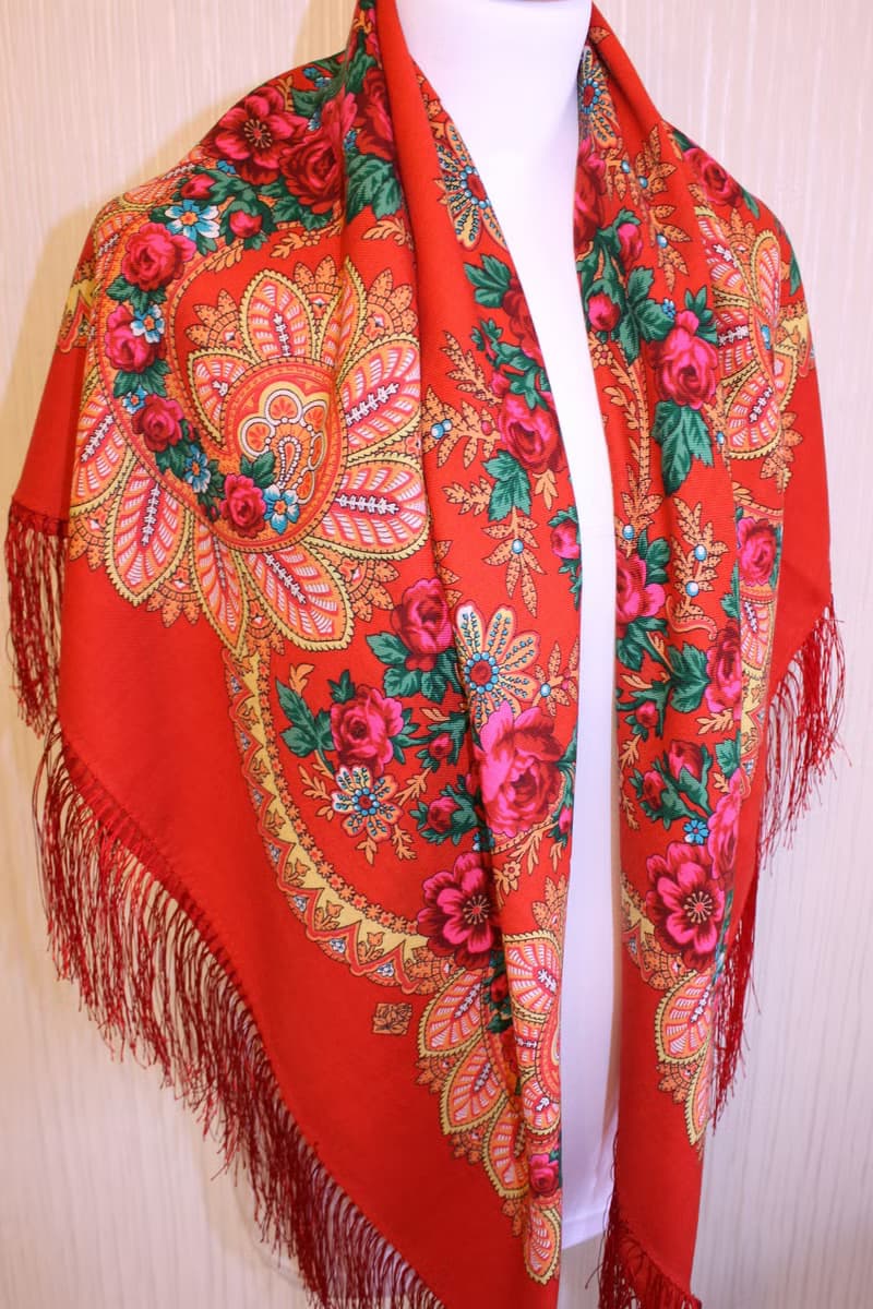 Original Pavlovo Posad Russian Shawl 100% Wool Woolen Scarf 110x110 1699-5 Red