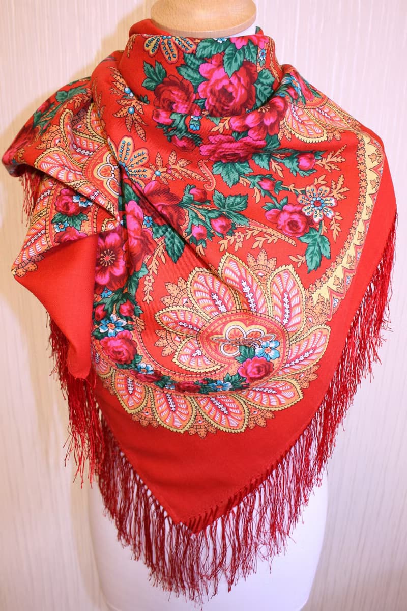 Original Pavlovo Posad Russian Shawl 100% Wool Woolen Scarf 110x110 1699-5 Red
