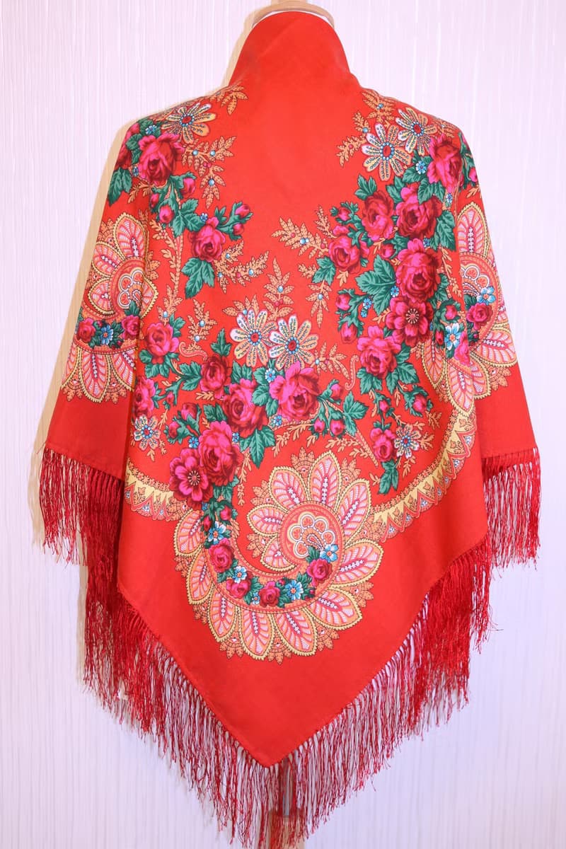 Original Pavlovo Posad Russian Shawl 100% Wool Woolen Scarf 110x110 1699-5 Red