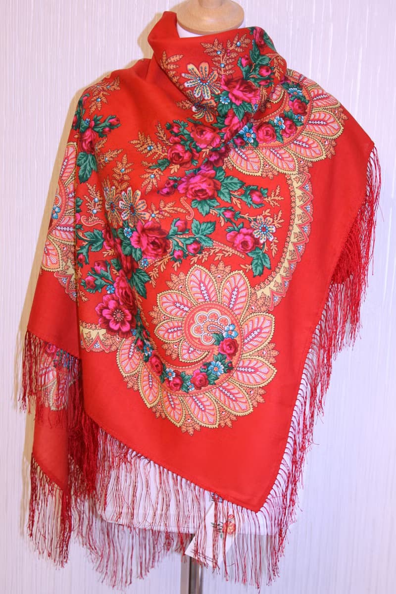 Original Pavlovo Posad Russian Shawl 100% Wool Woolen Scarf 110x110 1699-5 Red