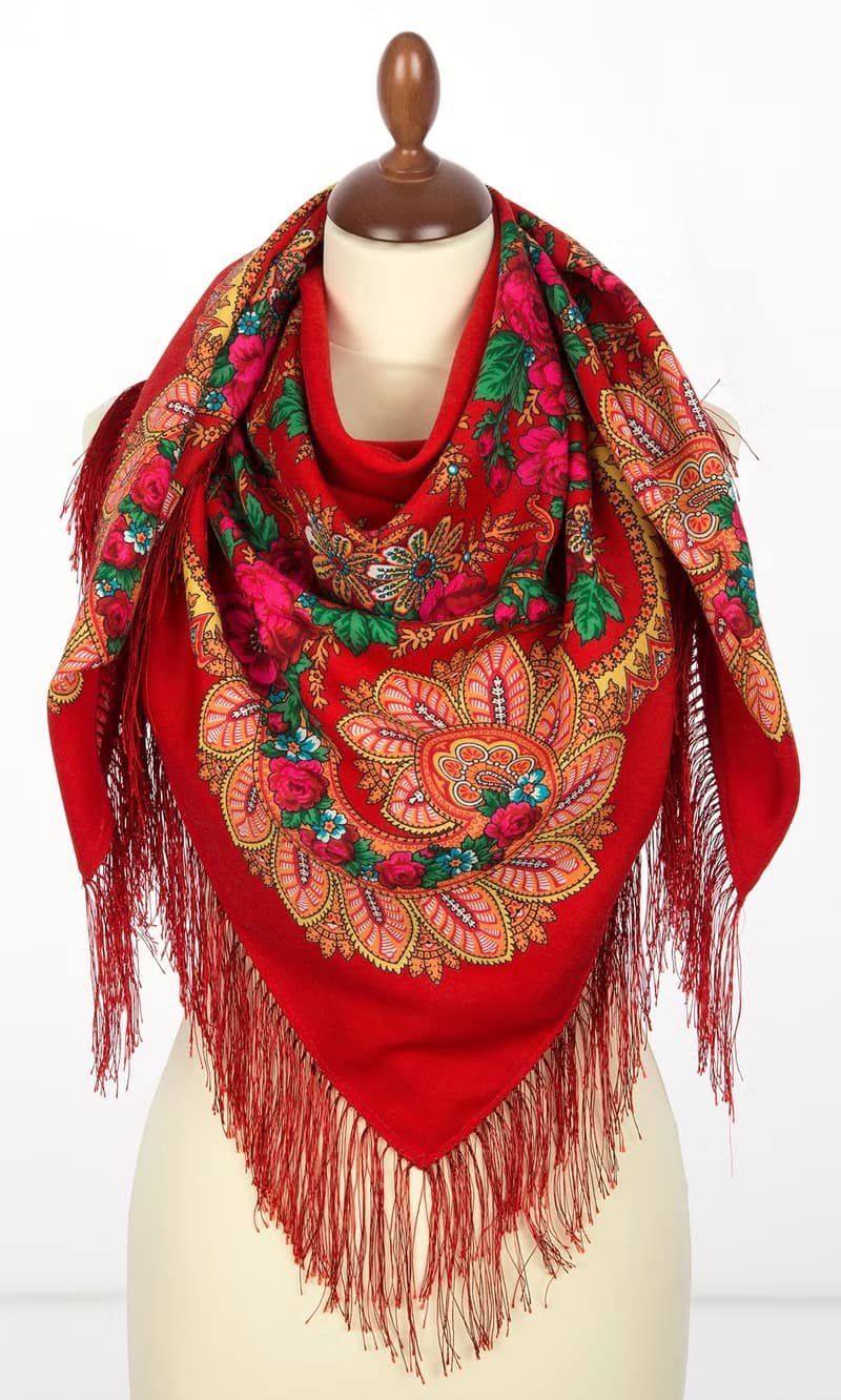 Original Pavlovo Posad Russian Shawl 100% Wool Woolen Scarf 110x110 1699-5 Red
