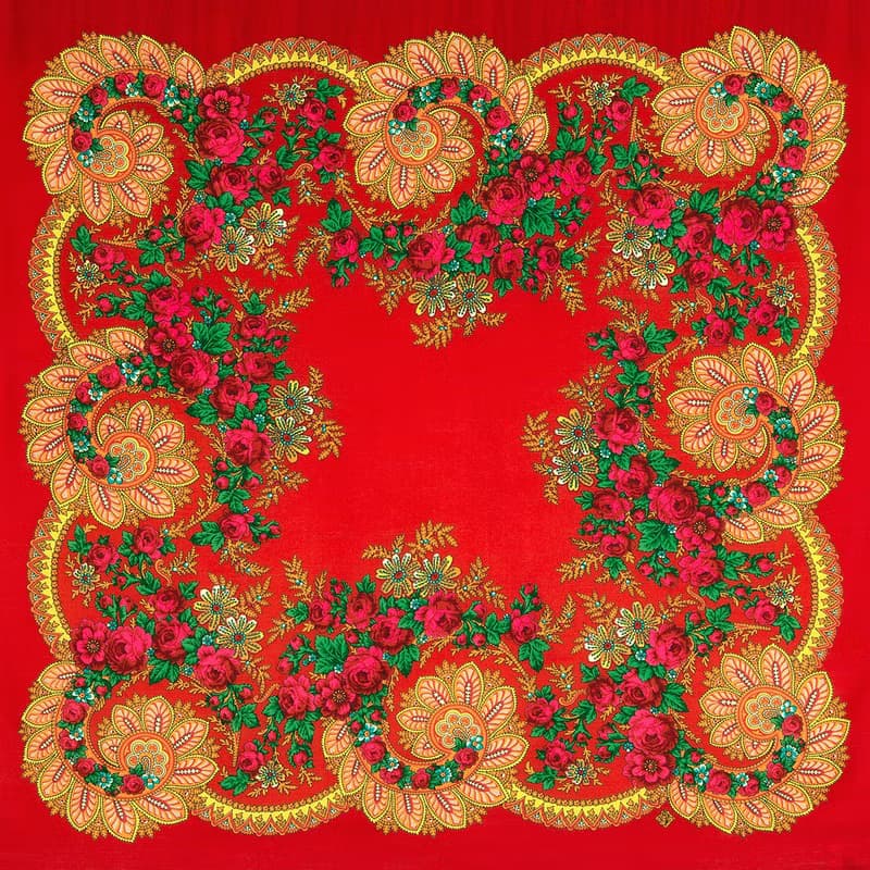 Original Pavlovo Posad Russian Shawl 100% Wool Woolen Scarf 110x110 1699-5 Red