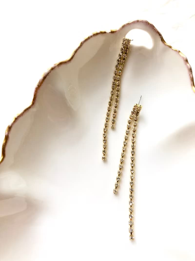 Vintage Double Crystal Chain Gold Drop Earrings