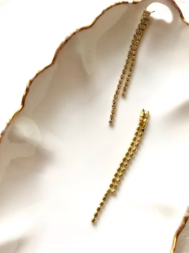 Vintage Double Crystal Chain Gold Drop Earrings