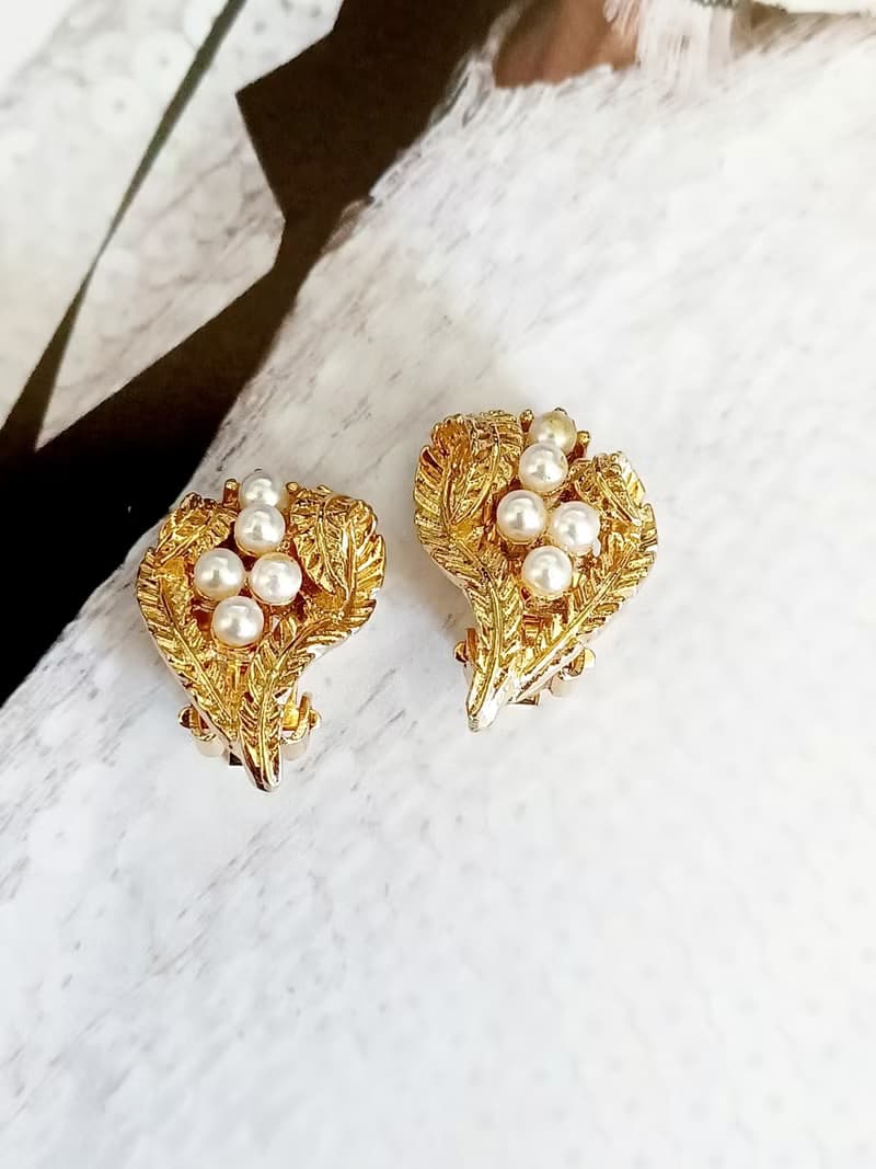 vintage jewelry  典雅金色蕨葉珍珠 夾式耳環