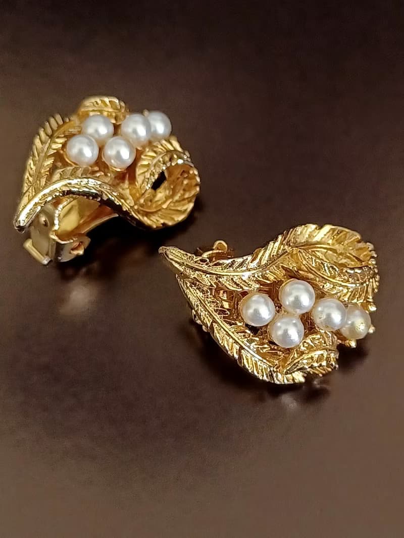 vintage jewelry  典雅金色蕨葉珍珠 夾式耳環