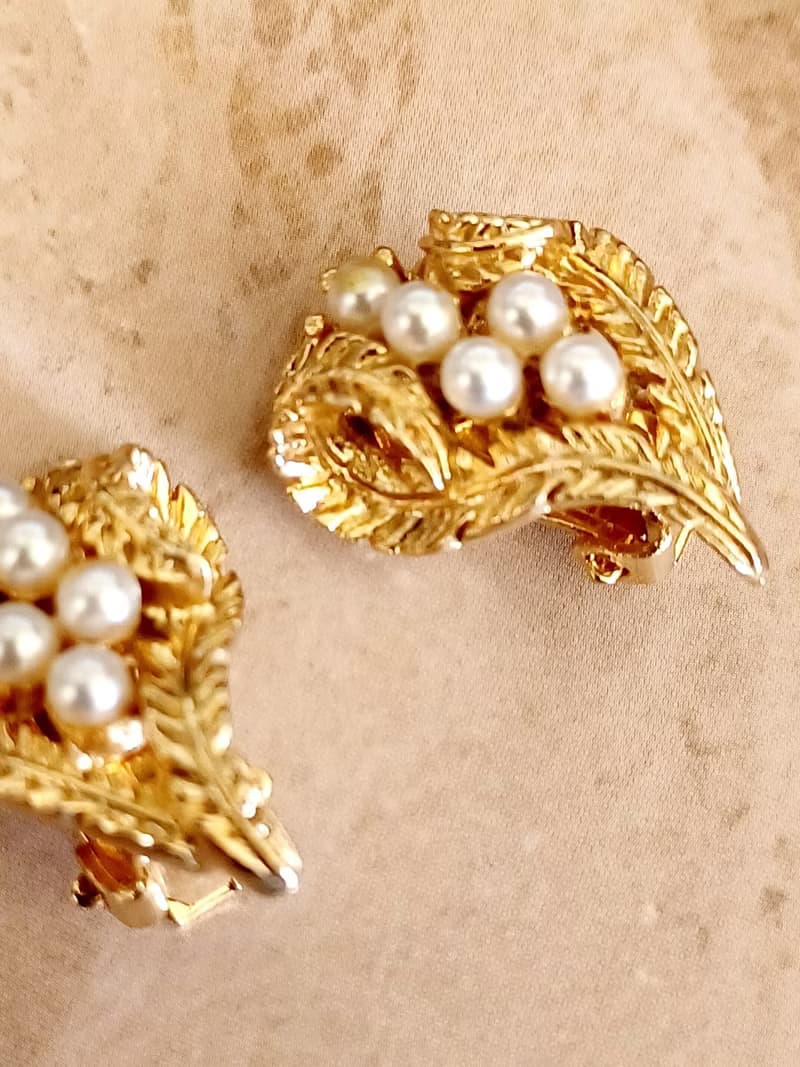 vintage jewelry  典雅金色蕨葉珍珠 夾式耳環