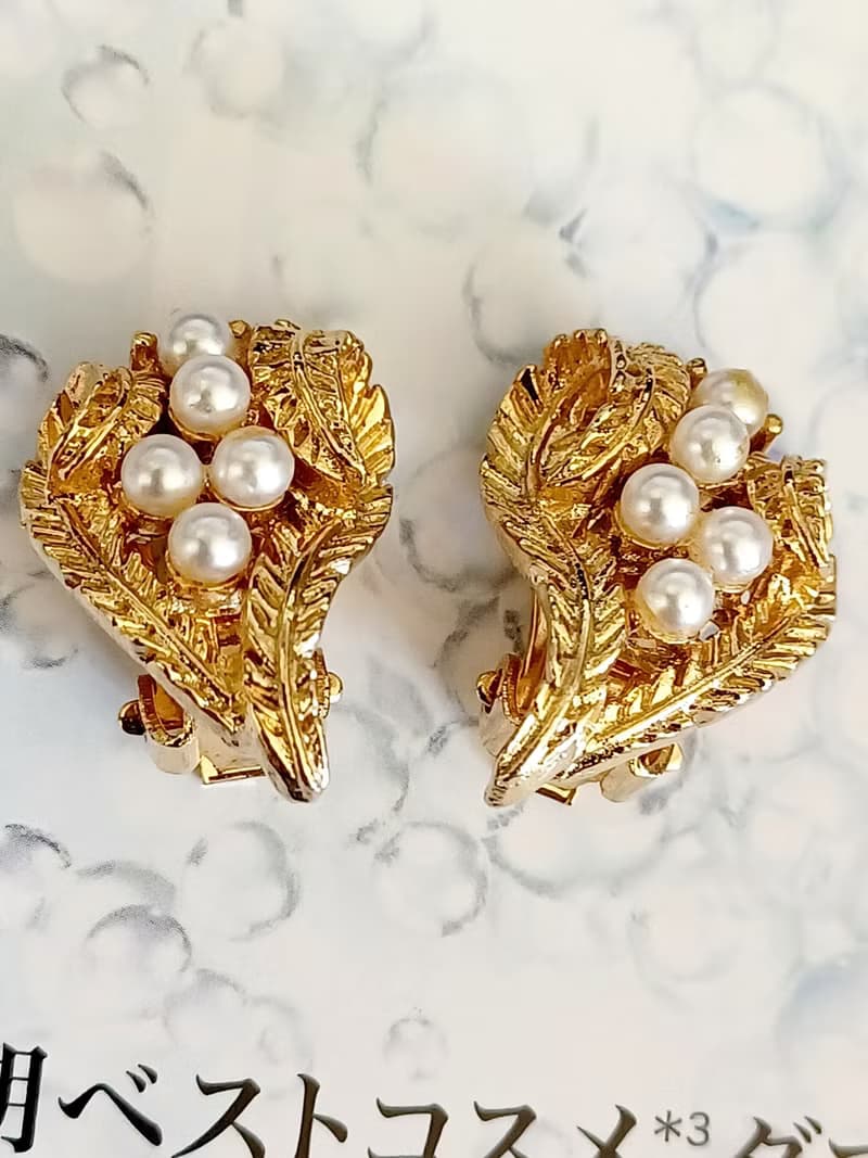vintage jewelry  典雅金色蕨葉珍珠 夾式耳環