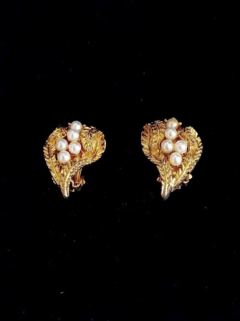 vintage jewelry  典雅金色蕨葉珍珠 夾式耳環