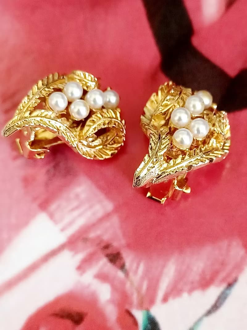 vintage jewelry  典雅金色蕨葉珍珠 夾式耳環