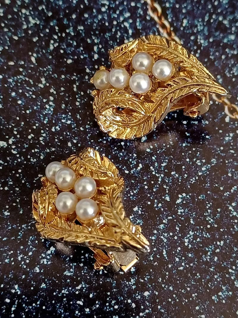 vintage jewelry  典雅金色蕨葉珍珠 夾式耳環