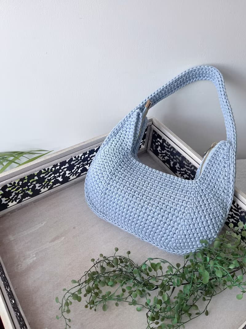手工鉤織Juno腋下半月包手袋單肩包粉藍色針織鈎織編織手作袋
