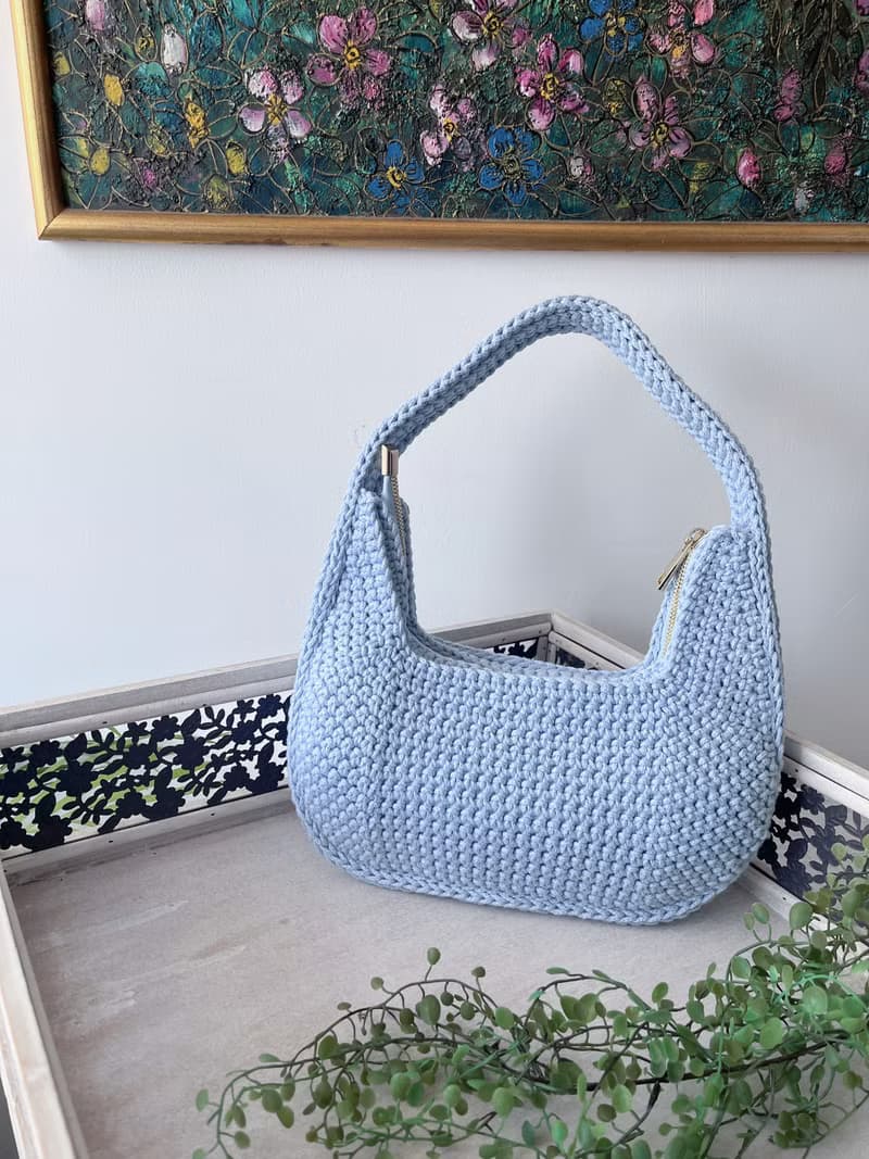 手工鉤織Juno腋下半月包手袋單肩包粉藍色針織鈎織編織手作袋