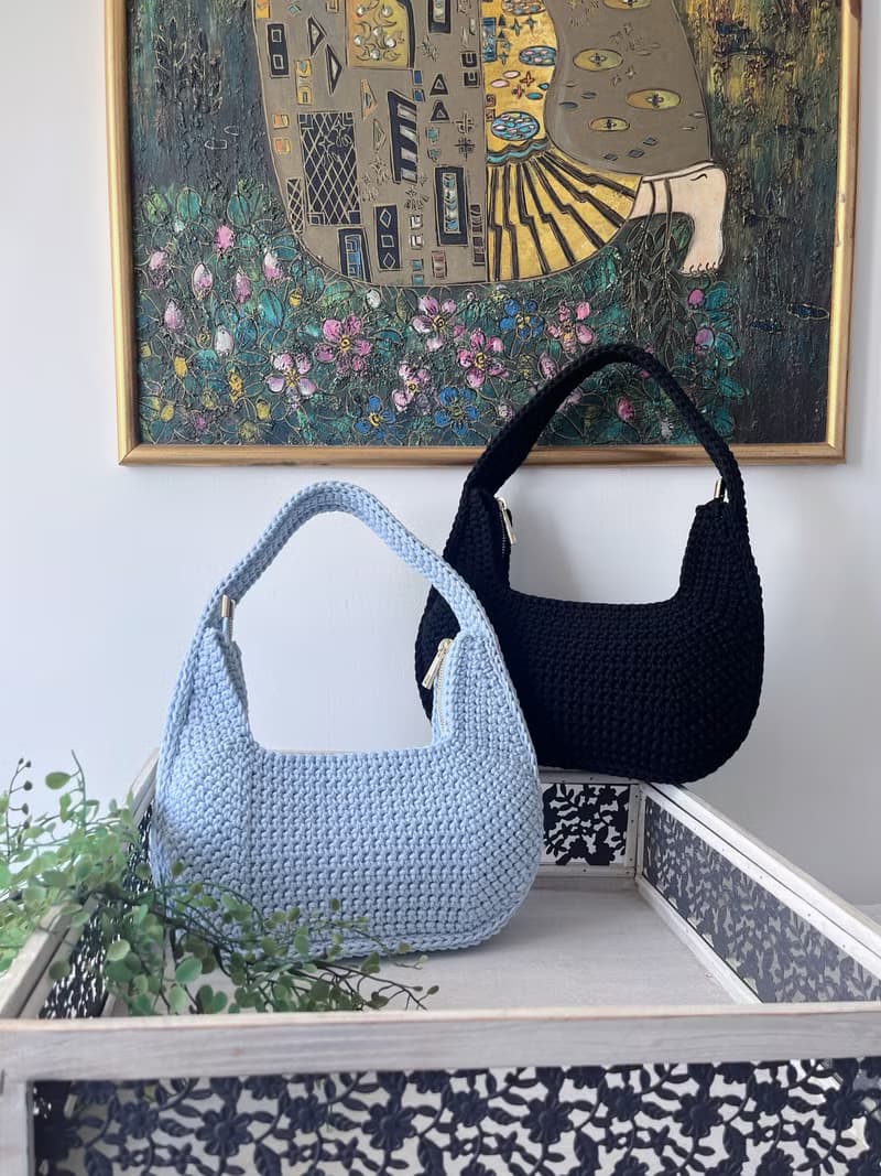手工鉤織Juno腋下半月包手袋單肩包粉藍色針織鈎織編織手作袋