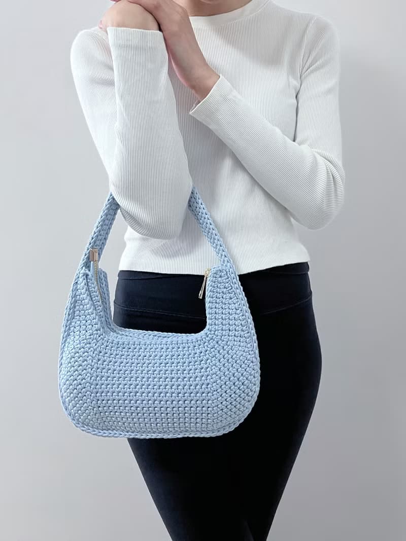 手工鉤織Juno腋下半月包手袋單肩包粉藍色針織鈎織編織手作袋