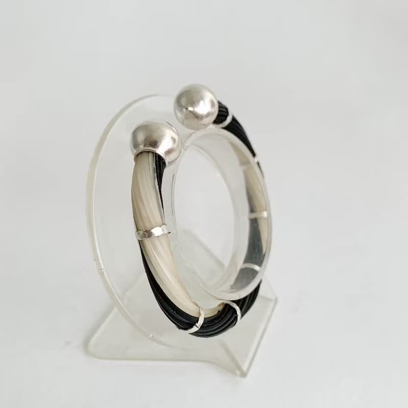 Genuine Black&White Color Body Elephant Tail Hair Bangle 925 Sterling Silver New