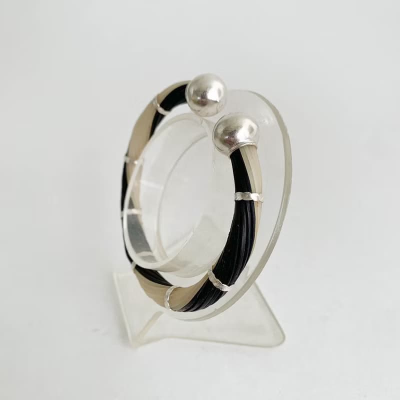 Genuine Black&White Color Body Elephant Tail Hair Bangle 925 Sterling Silver New
