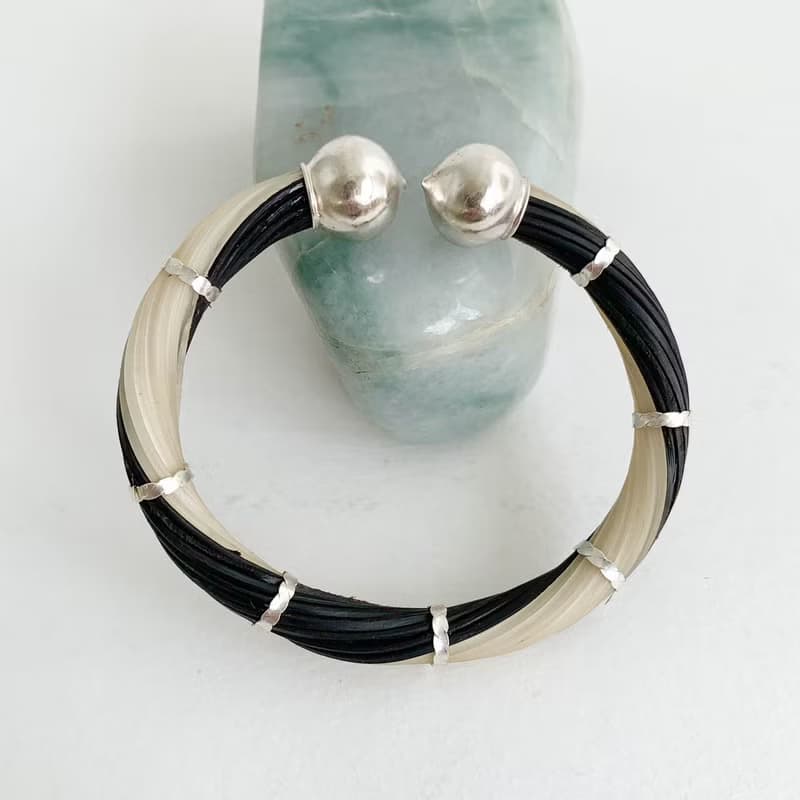Genuine Black&White Color Body Elephant Tail Hair Bangle 925 Sterling Silver New
