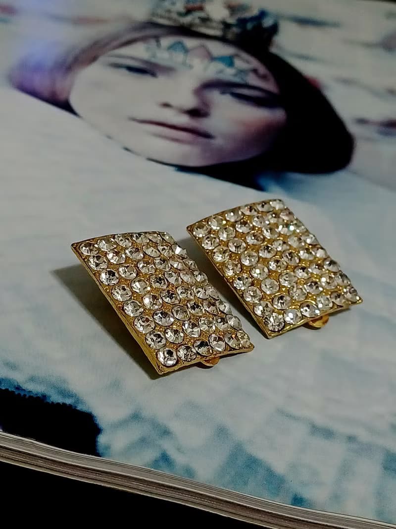 vintage jewelry  方形滿天星萊茵夾式耳環