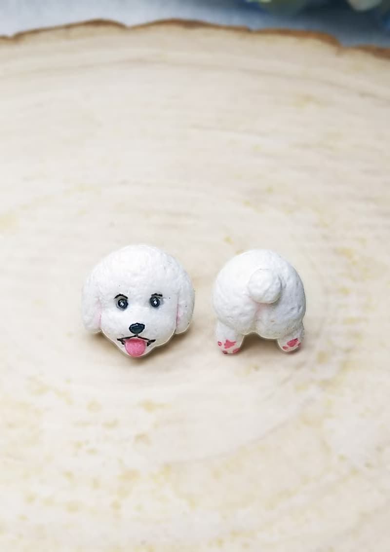 全手制 白色 吐舌貴賓犬 貴婦狗 耳釘/耳夾