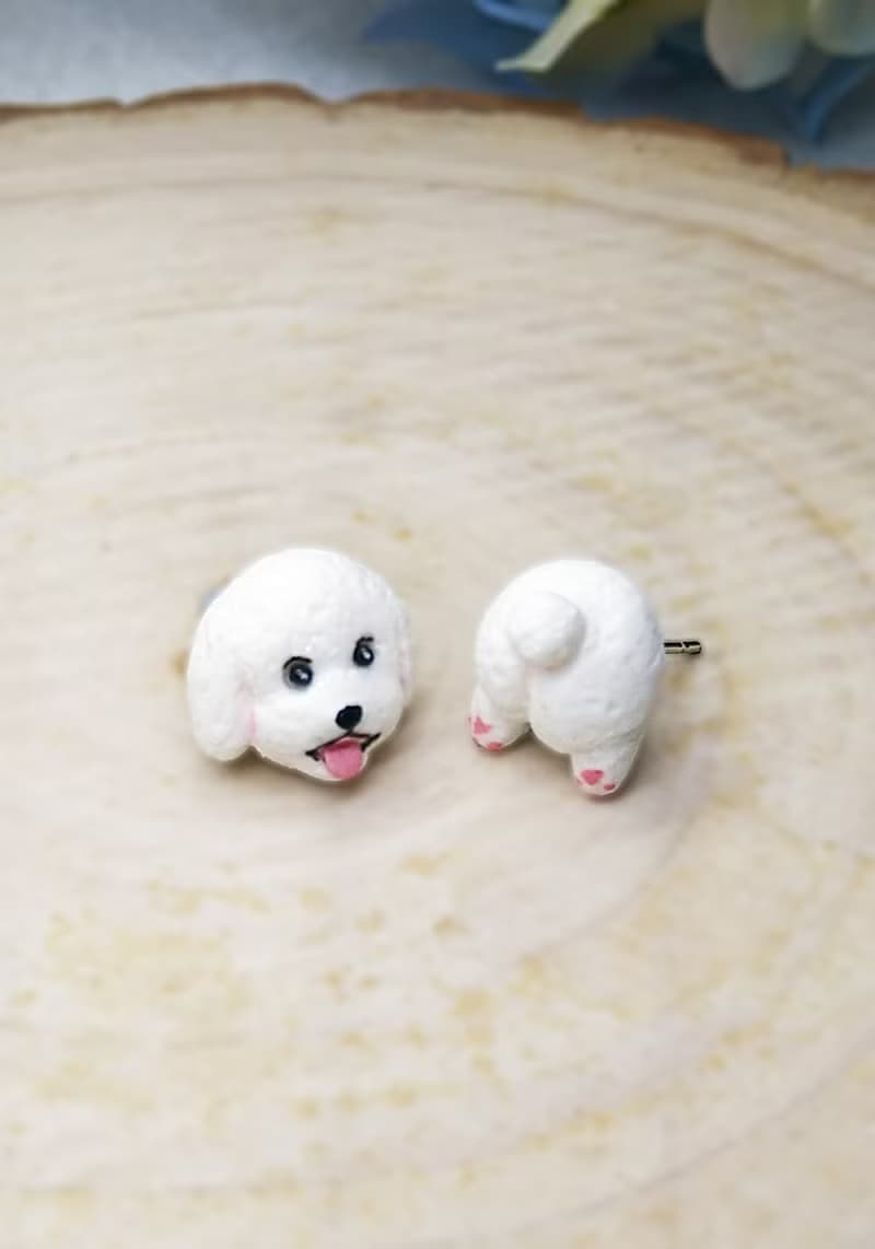全手制 白色 吐舌貴賓犬 貴婦狗 耳釘/耳夾