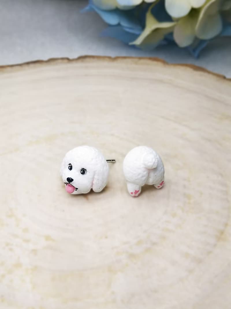 全手制 白色 吐舌貴賓犬 貴婦狗 耳釘/耳夾