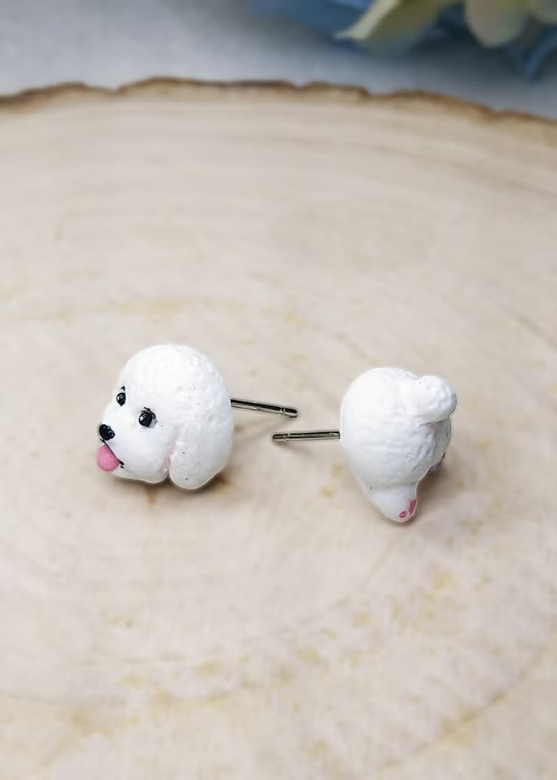全手制 白色 吐舌貴賓犬 貴婦狗 耳釘/耳夾
