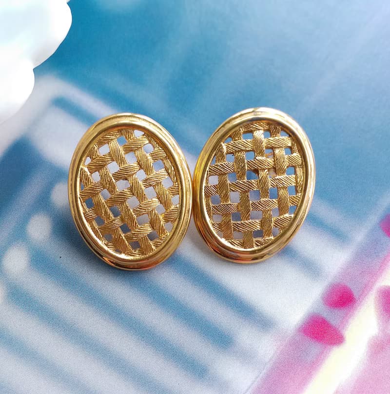 Vintage Jewelry 西洋古董飾品 Napier 金色調  金網格 針式耳環