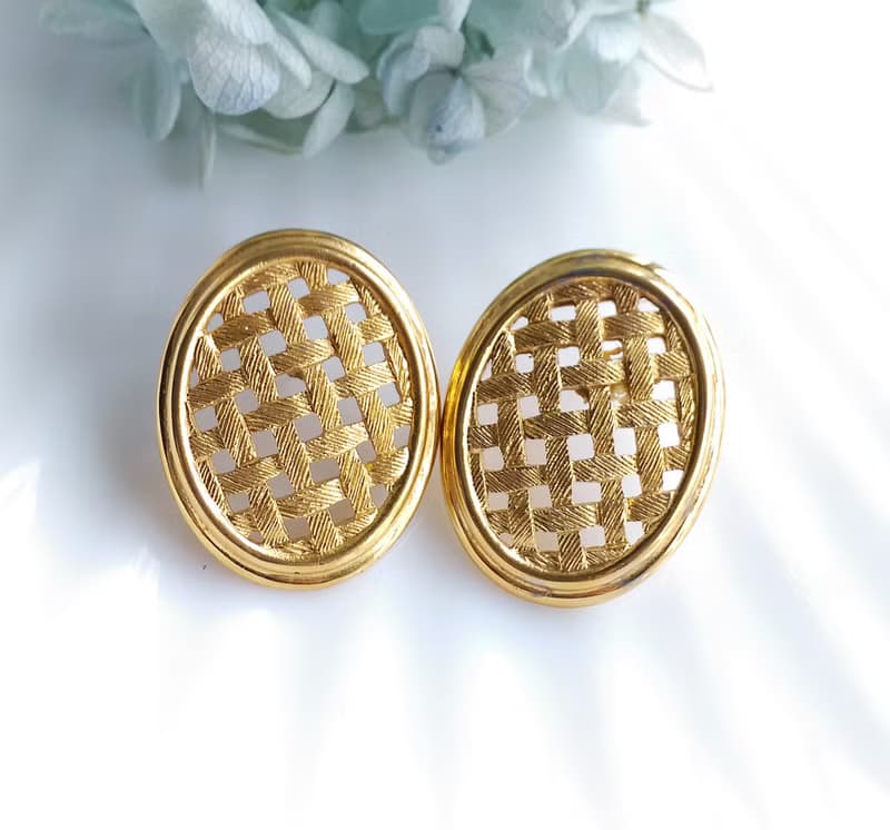 Vintage Jewelry 西洋古董飾品 Napier 金色調  金網格 針式耳環