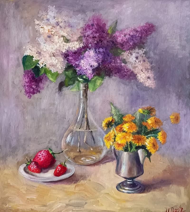 Canvas Painting Flowers Lilac Original Art Bouquet in vase Floral Still life