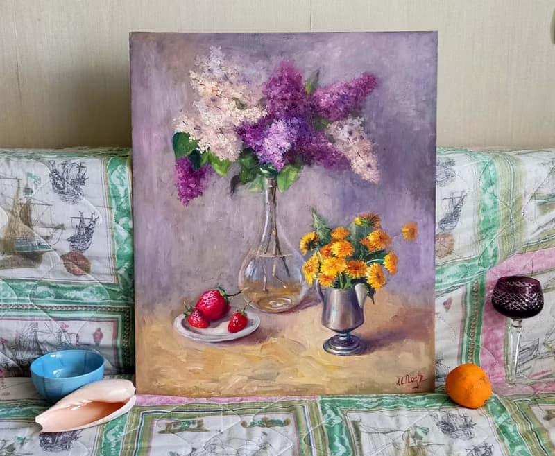 Canvas Painting Flowers Lilac Original Art Bouquet in vase Floral Still life