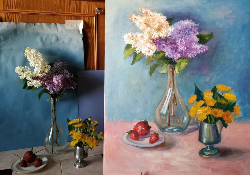 Canvas Painting Flowers Lilac Original Art Bouquet in vase Floral Still life
