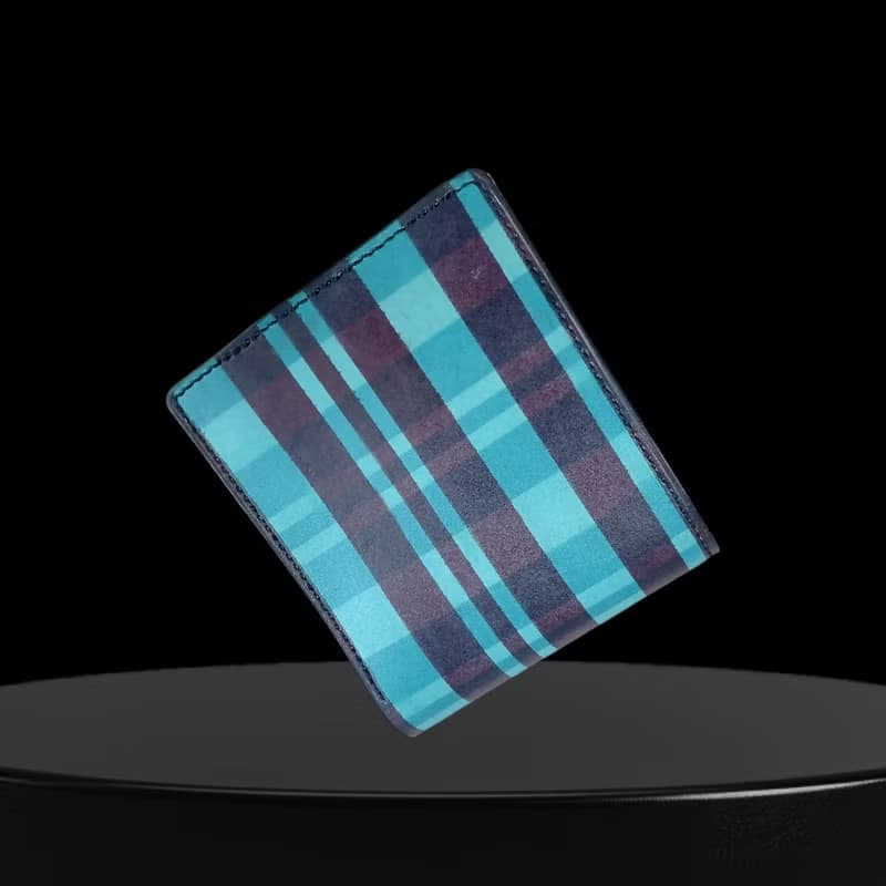 本革　手縫い　表　ブルーチェック　中　イタリアヌメ革　チョコレート色　手染め　二つ折り財布