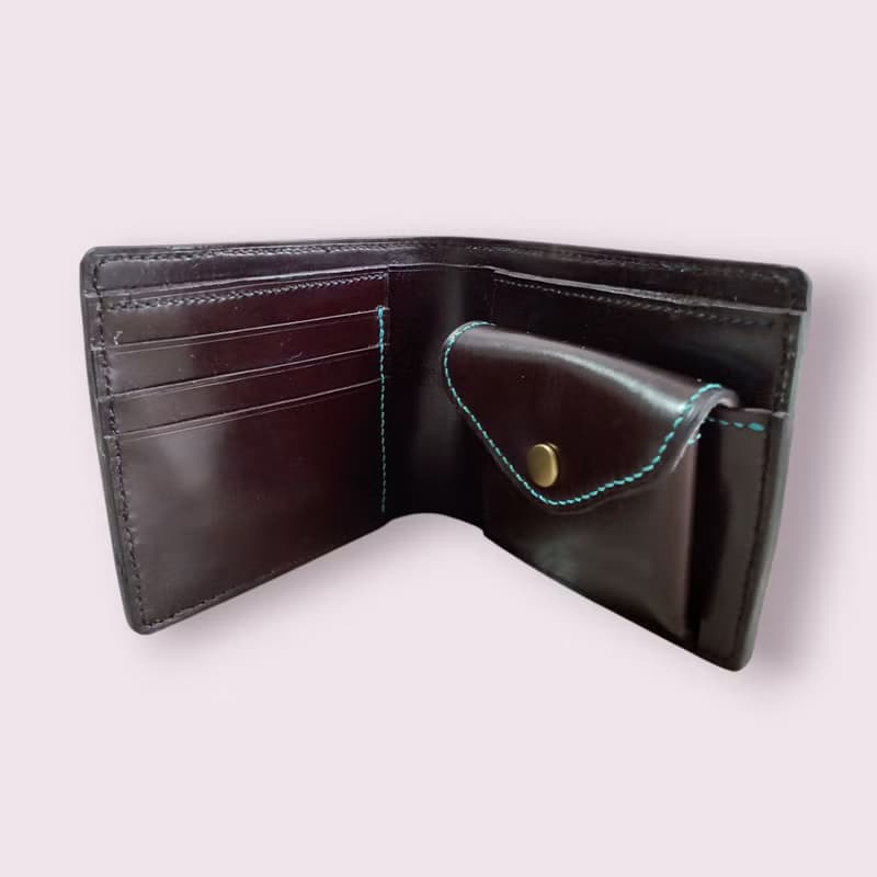 本革　手縫い　表　ブルーチェック　中　イタリアヌメ革　チョコレート色　手染め　二つ折り財布