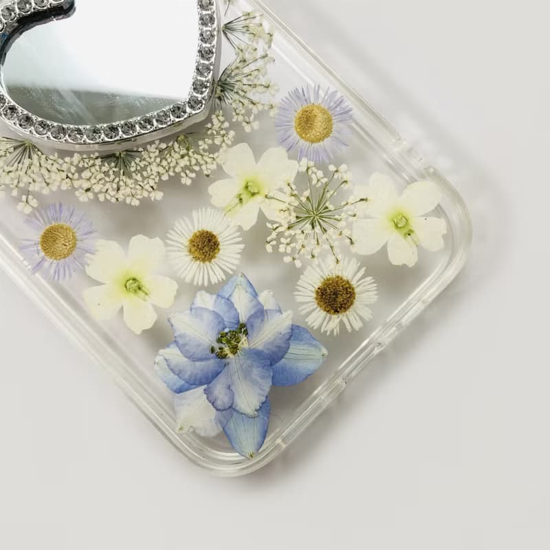 天然藍白系押花鏡子手機殼 適用於iPhone 16 Samsung S25 Google