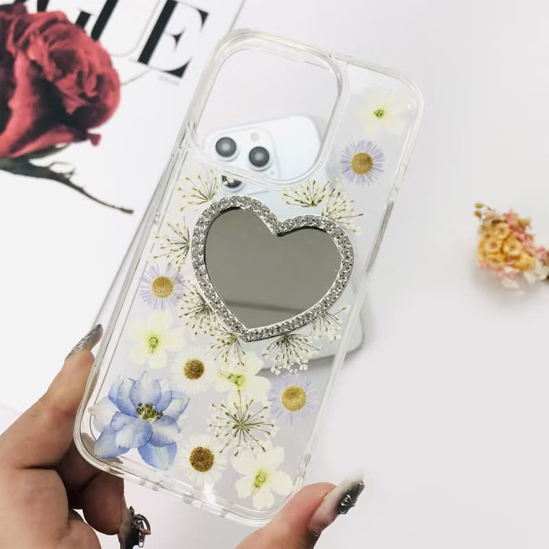 天然藍白系押花鏡子手機殼 適用於iPhone 16 Samsung S25 Google