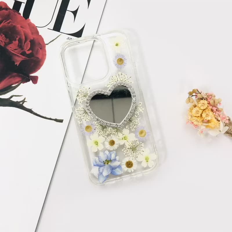 天然藍白系押花鏡子手機殼 適用於iPhone 16 Samsung S25 Google