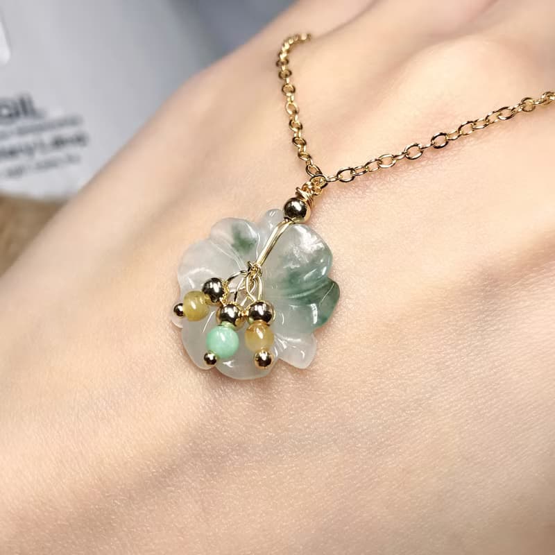 冰種翡翠花花設計款項鍊 14K包金 | 天然緬甸A貨翡翠 | 送禮