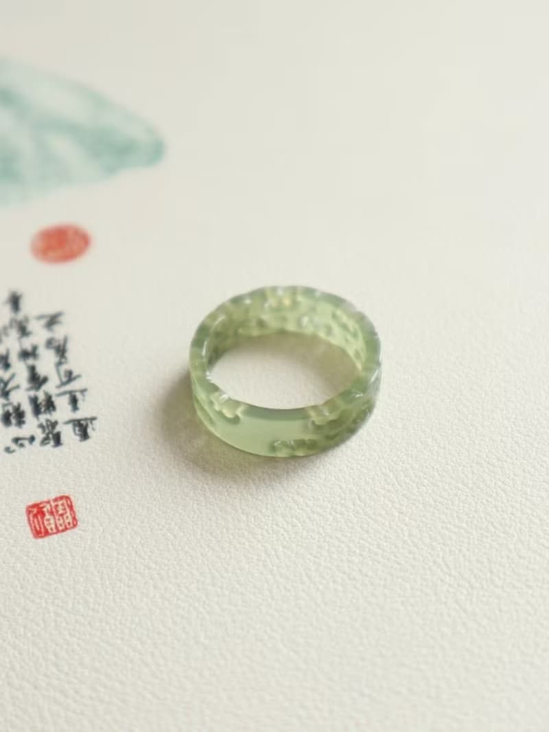 天然和田玉雕刻愛心戒指 心連心指環 冰底晴水料 和田玉指環