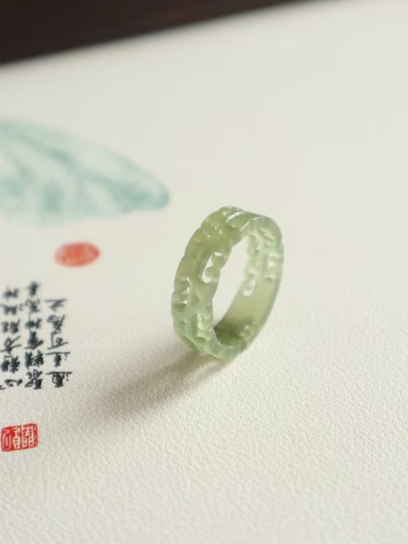 天然和田玉雕刻愛心戒指 心連心指環 冰底晴水料 和田玉指環