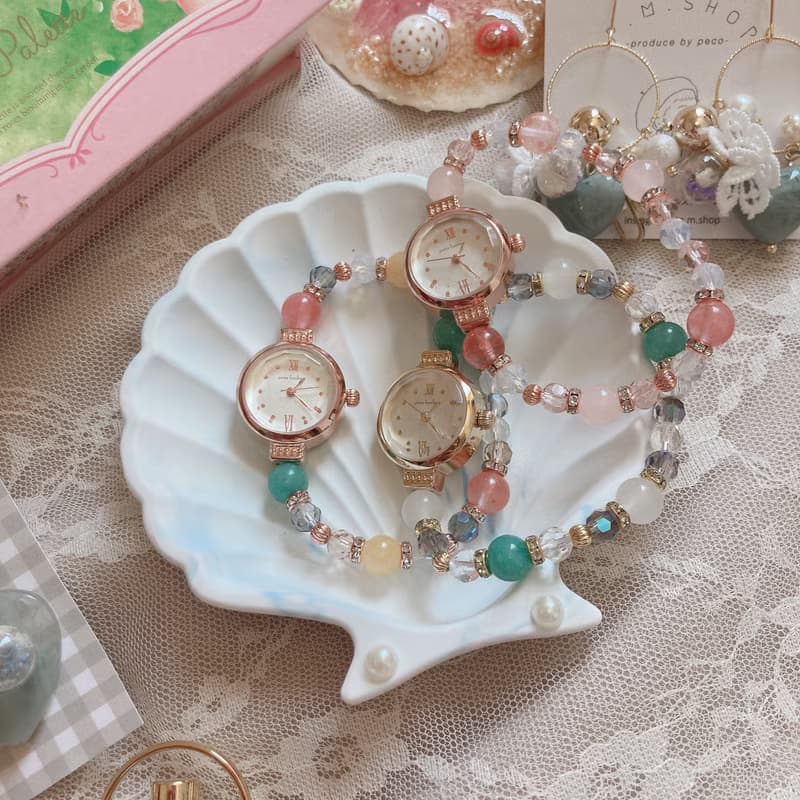 DSE手錶 開運水晶  復古 天然石手鏈錶 粉晶 天河石 黃玉