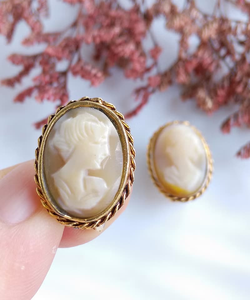 Vintage Jewelry 西洋古董飾品 CAMEO 手工 經典仕女 夾式耳環