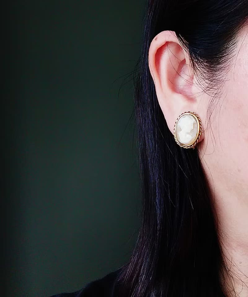 Vintage Jewelry 西洋古董飾品 CAMEO 手工 經典仕女 夾式耳環