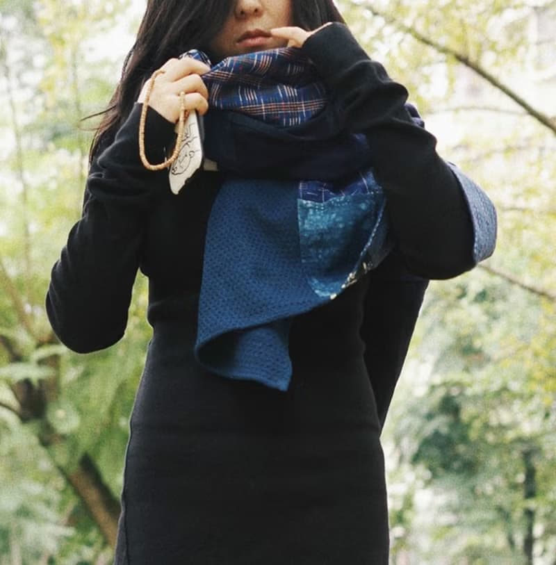 藍色拼佈個性款 藍夾纈大圍巾 藍靛植物染手織布男女中性拼布披肩