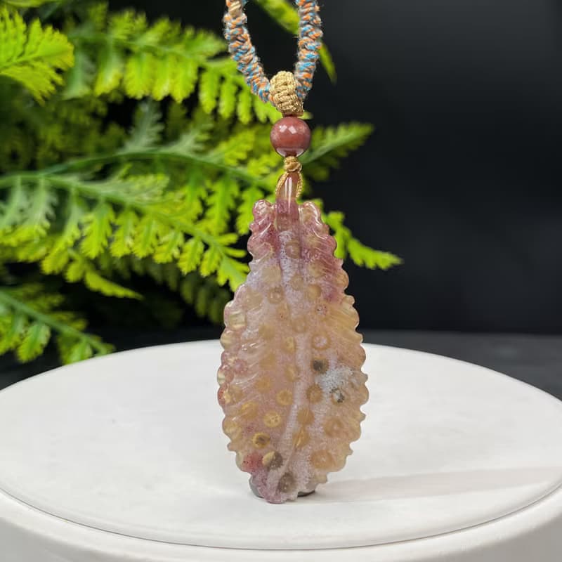高品質珊瑚玉吊墜項錬高冰玉化小珍珠花手雕羽毛梅花財運福氣和諧