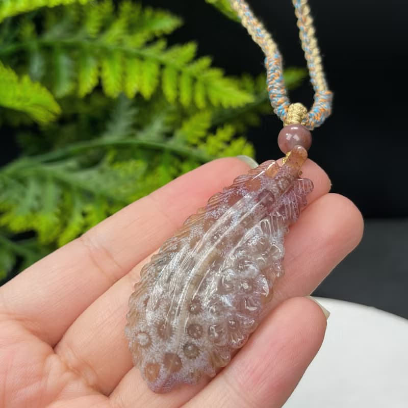 高品質珊瑚玉吊墜項錬高冰玉化小珍珠花手雕羽毛梅花財運福氣和諧