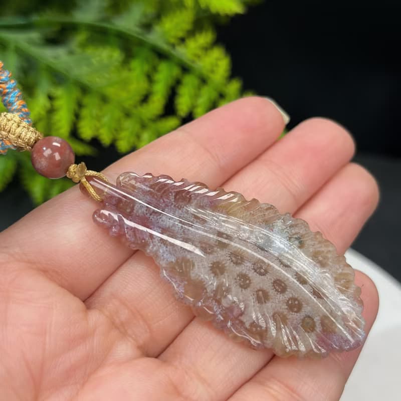 高品質珊瑚玉吊墜項錬高冰玉化小珍珠花手雕羽毛梅花財運福氣和諧