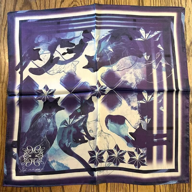 50cm角_silkscarf_藍猫柄のシルクスカーフ　ChristalART