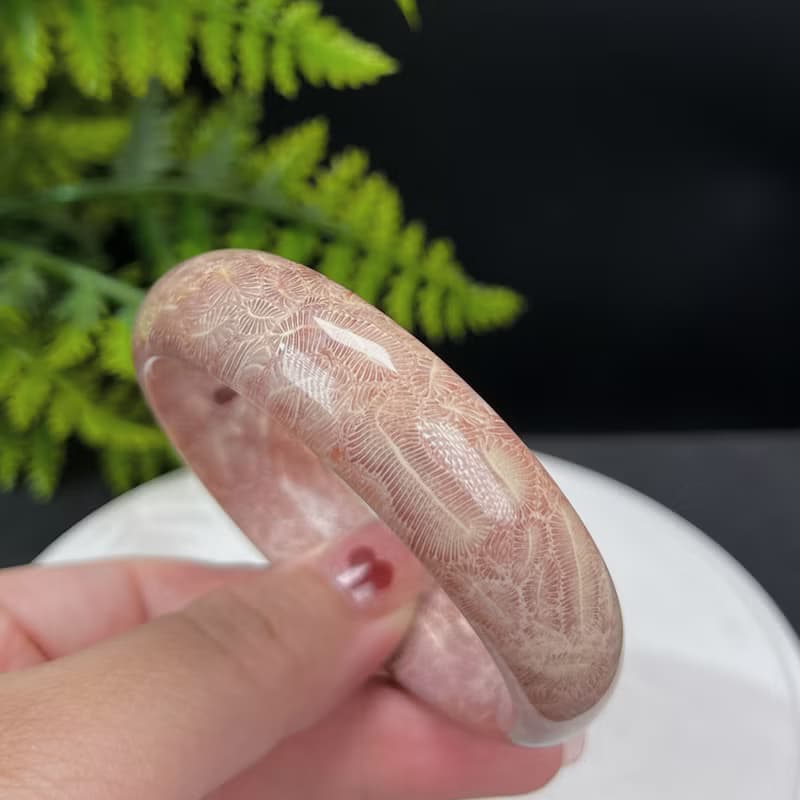 精品 珊瑚玉手鐲 54+MM 冰潤高瓷天眼鳳尾蟲紋 菊花玉手環 襯膚色